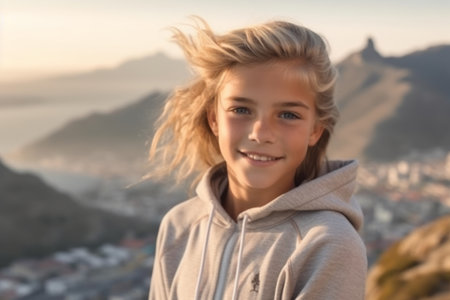 Portrait of a cute little girl in the mountains at sunset.の素材
