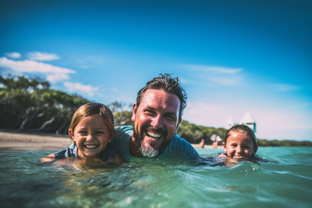 Father and children having fun in the sea on a sunny day.の素材