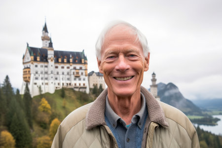 Handsome senior man smiling at the camera while standing in front of the Hohensalzburg Castle, Austriaの素材