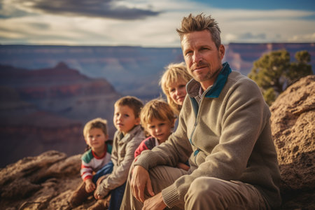 Father with his children at Grand Canyon National Park, Arizona, USAの素材