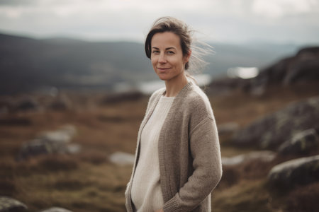 Young woman in sweater standing on top of a mountain and looking at cameraの素材