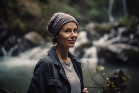 Portrait of a beautiful woman in a cap on the background of a waterfallの素材