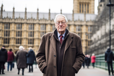 Senior man in coat standing in front of the Houses of Parliament in Londonの素材