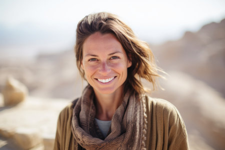 Portrait of smiling woman with scarf and sweater standing in the desertの素材
