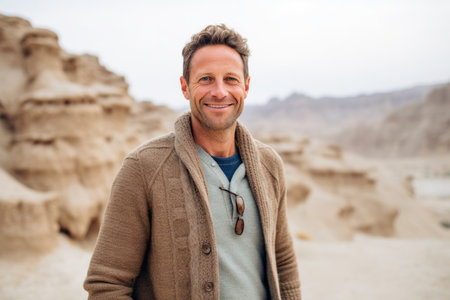 Portrait of a handsome man smiling at camera while standing in the desertの素材