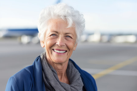 Portrait of smiling senior woman standing in front of airplane at airportの素材