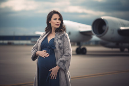 Pregnant woman in a gray coat on the background of an airplaneの素材