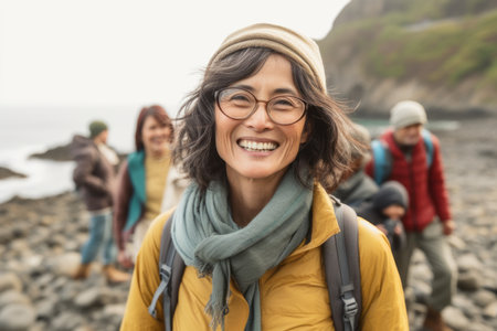 Portrait of a smiling woman with friends in the background at the beachの素材
