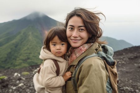 Mother and daughter hiking in the mountains on a rainy day. Happy family.の素材