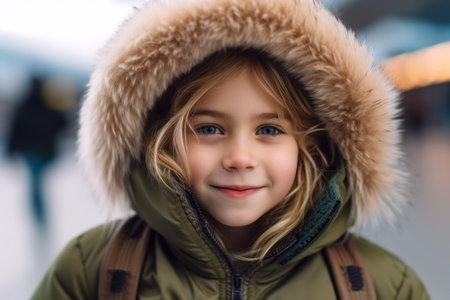 Portrait of smiling little girl in winter coat at airport, closeupの素材