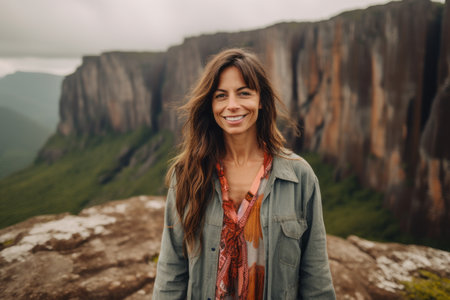 Beautiful young woman with long brown hair standing on top of a mountain and smilingの素材
