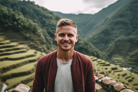 Handsome young man on terraced rice fields in Sapa, Vietnamの素材