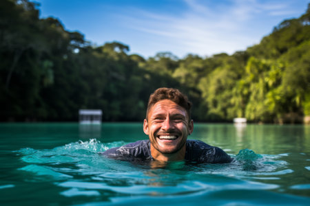 Young man swimming in a pool in a tropical island, smiling and having funの素材