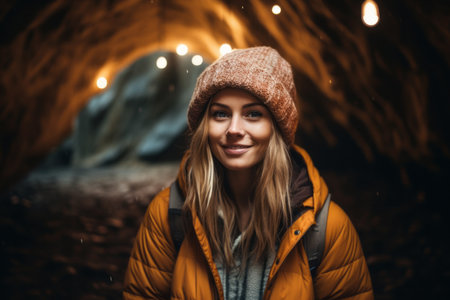Portrait of a beautiful girl in a yellow jacket and a hat on the background of a winter forest.の素材