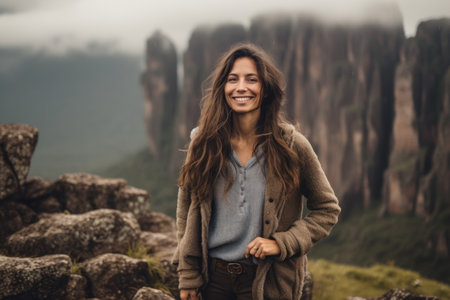 Beautiful young woman standing on the top of a mountain and smilingの素材