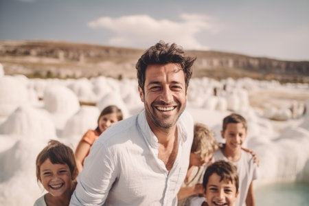 Father with his kids at the famous Mykonos temple in Greeceの素材