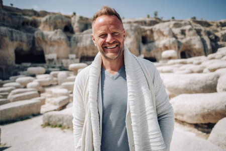 Handsome mature man with towel on shoulders standing in ancient cave city of Cappadocia, Turkeyの素材