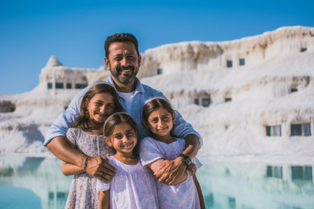 Happy family of father, mother and two daughters standing in front of a pool in Pamukkale, Turkeyの素材