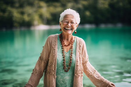 Portrait of a happy senior woman smiling while standing by the lakeの素材
