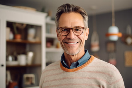 Portrait of a smiling senior man with eyeglasses at homeの素材