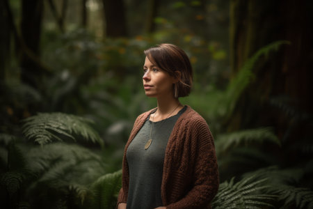 Portrait of a beautiful young woman in the forest. Soft focus.の素材