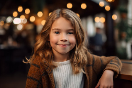 portrait of smiling little girl looking at camera while sitting in cafeの素材