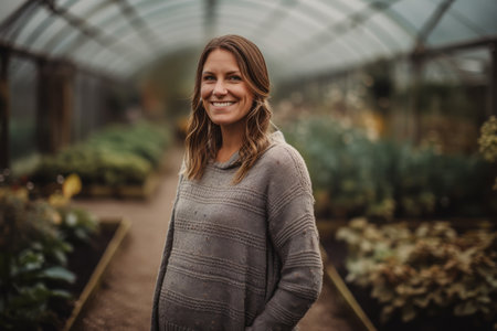 Portrait of a beautiful young woman standing in a greenhouse smiling at the cameraの素材