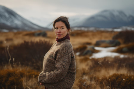 Young woman in warm sweater and scarf standing in field with lake and mountains in backgroundの素材