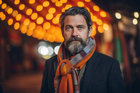 Portrait of a handsome man with a beard and mustache in an orange scarf on the street at nightの素材