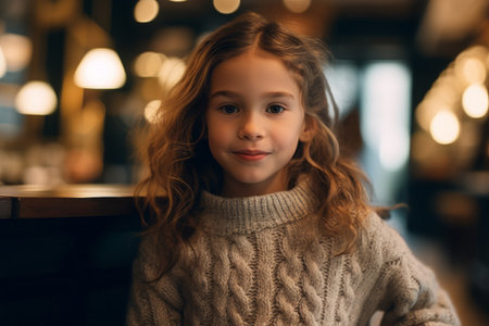 Portrait of a cute little girl with curly hair in a cozy cafe.の素材