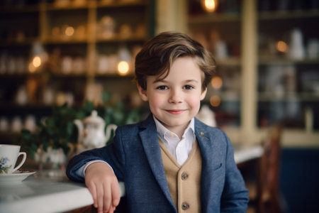 Portrait of a cute little boy in a cafe. The boy is smiling.の素材