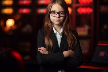 Portrait of a beautiful young girl in a black suit and glasses.の素材