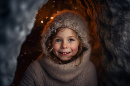 Little girl in a winter hat and warm sweater smiling in a caveの素材
