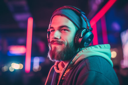 Portrait of a young man listening to music with headphones in a nightclub.の素材