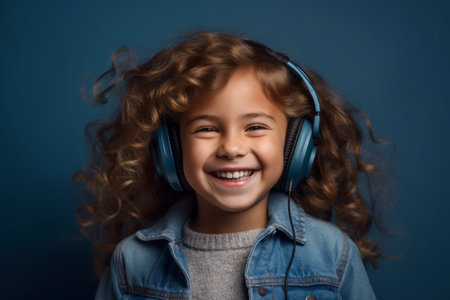 Portrait of a smiling little girl listening to music with headphones on blue backgroundの素材