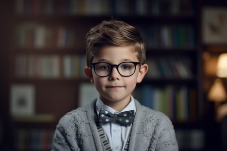 Portrait of a cute little boy in glasses and a bow tieの素材