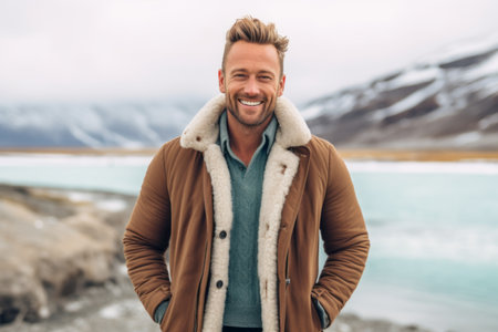 Portrait of a handsome young man with a beard in a warm jacket standing on a background of a mountain lake and smilingの素材