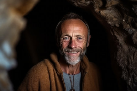 Portrait of a happy senior man inside a cave in the darkの素材
