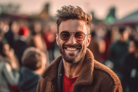 Handsome young man in sunglasses on blurred background of crowd at music festivalの素材
