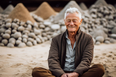 Portrait of senior man sitting on sand and smiling at camera at beachの素材
