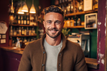 Portrait of handsome young man looking at camera and smiling in pubの素材