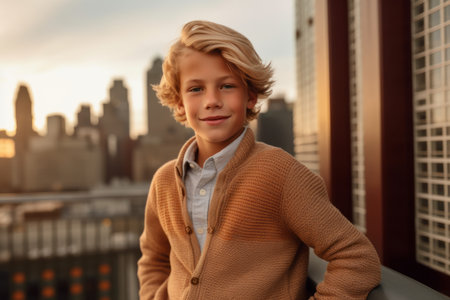 Portrait of a cute little boy with blonde hair on the roof of a skyscraperの素材