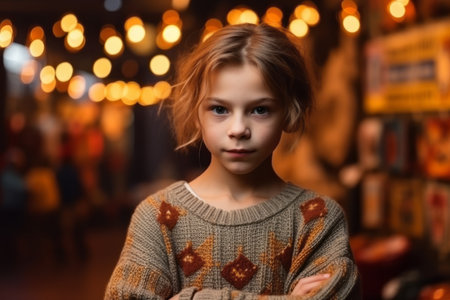 Portrait of a little girl in a sweater on the street.の素材