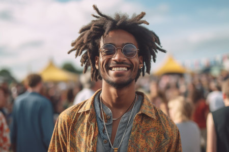 Handsome african american man with dreadlocks at a music festivalの素材