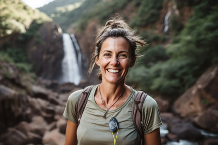 Portrait of smiling woman with backpack looking at camera in front of waterfallの素材