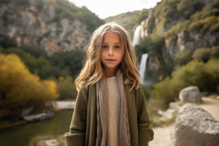 Cute little girl with long blonde hair in a green coat in the mountains.の素材