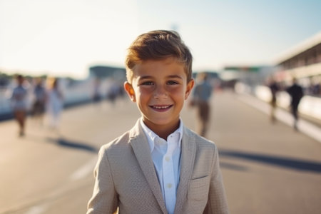 Portrait of a smiling little boy in a suit on the bridgeの素材