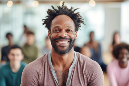 Portrait of smiling african american man with dreadlocks in officeの素材