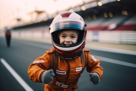 Adorable little boy with helmet on the race track. Happy childhood.の素材