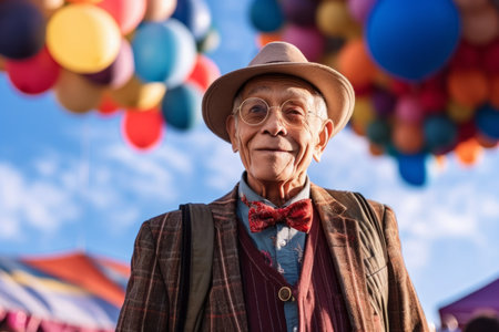 Portrait of an old man with a hat and sunglasses on the background of balloonsの素材